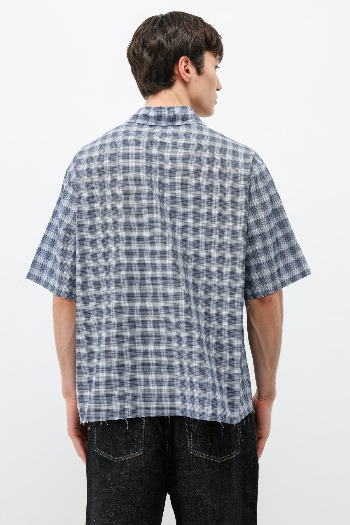 Kareli Kısa Kollu Oversize Gömlek Mavi