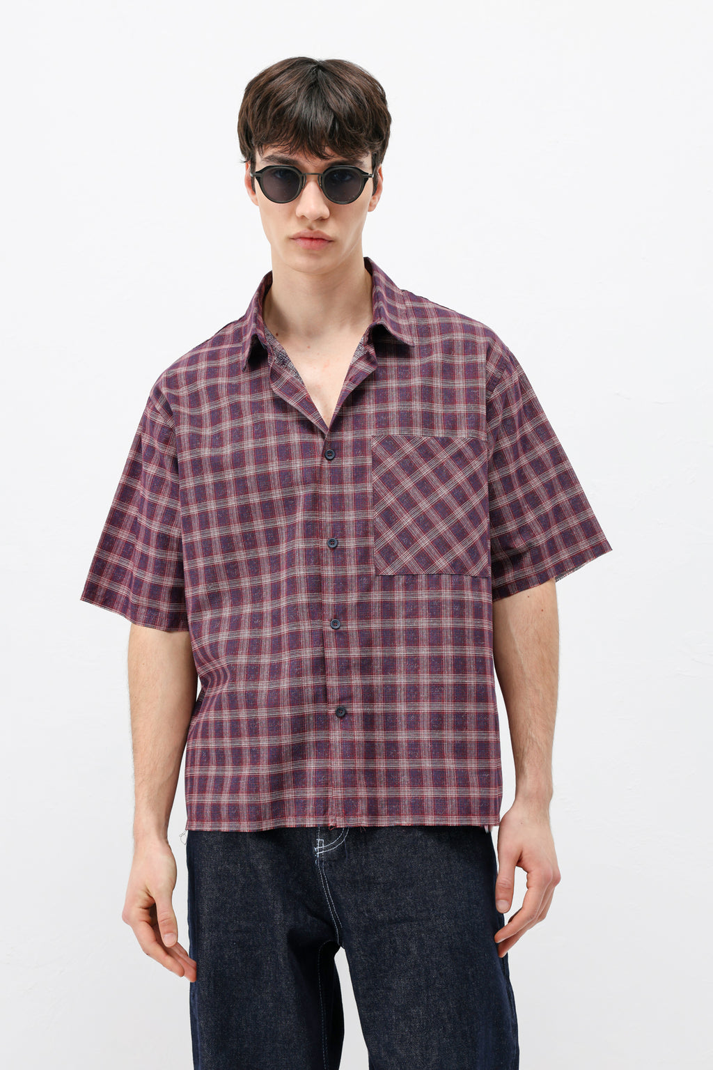Kareli Kısa Kollu Oversize Gömlek Bordo