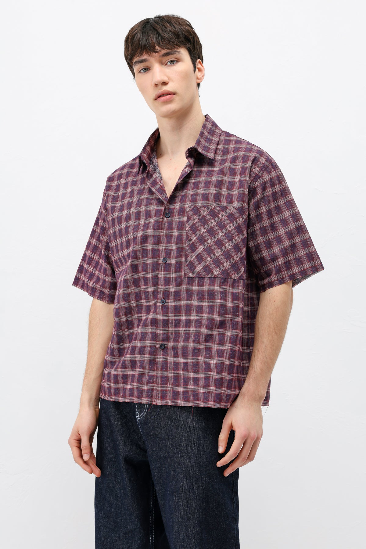 Kareli Kısa Kollu Oversize Gömlek Bordo