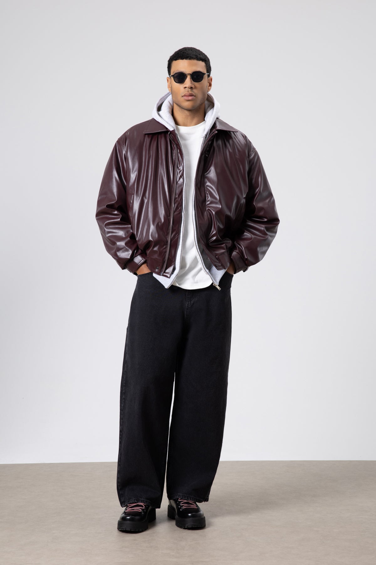 Basıc Suni Deri Oversize Ceket Bordo