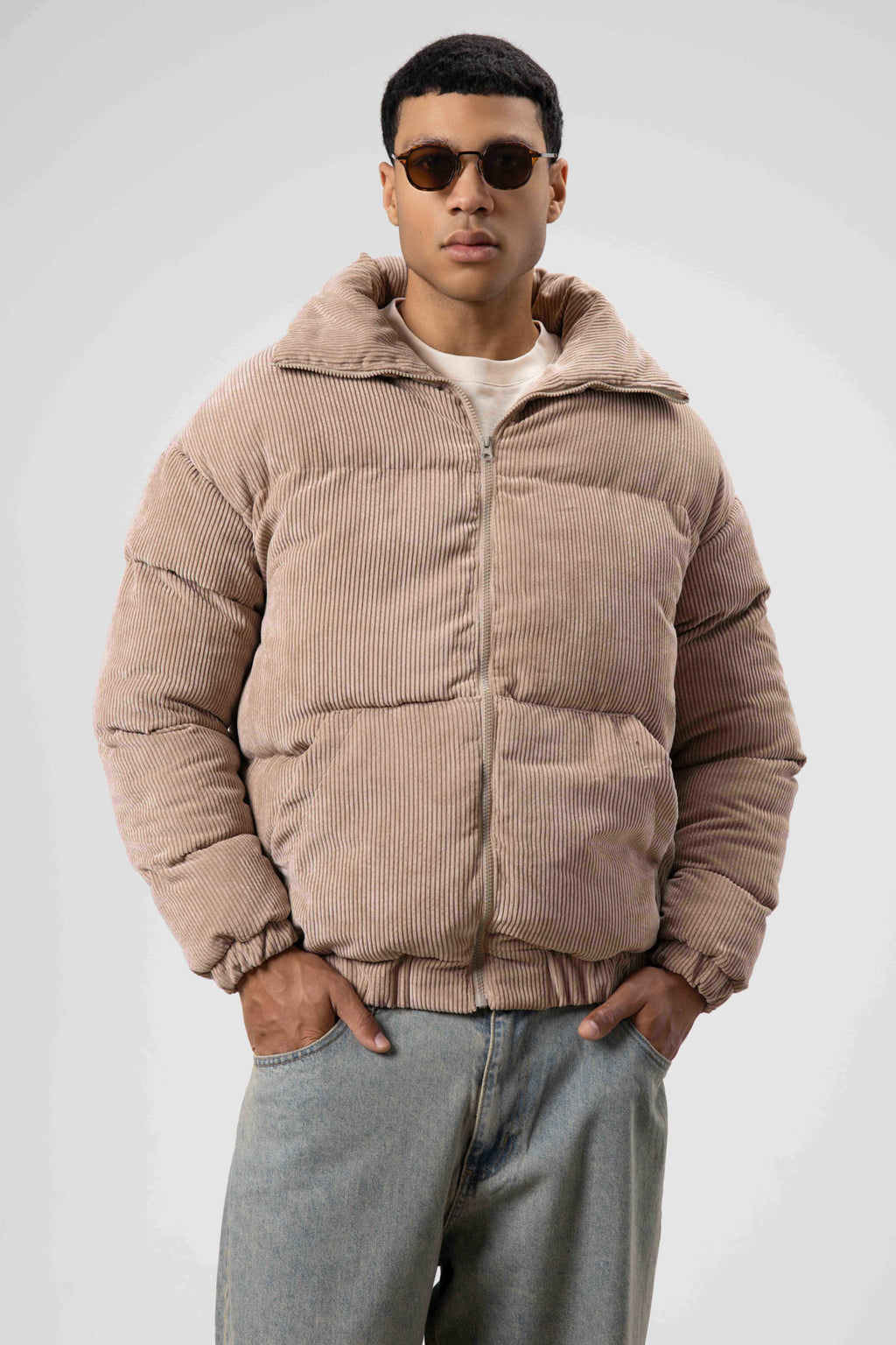 Oversize Kadife Şişme Mont Bej