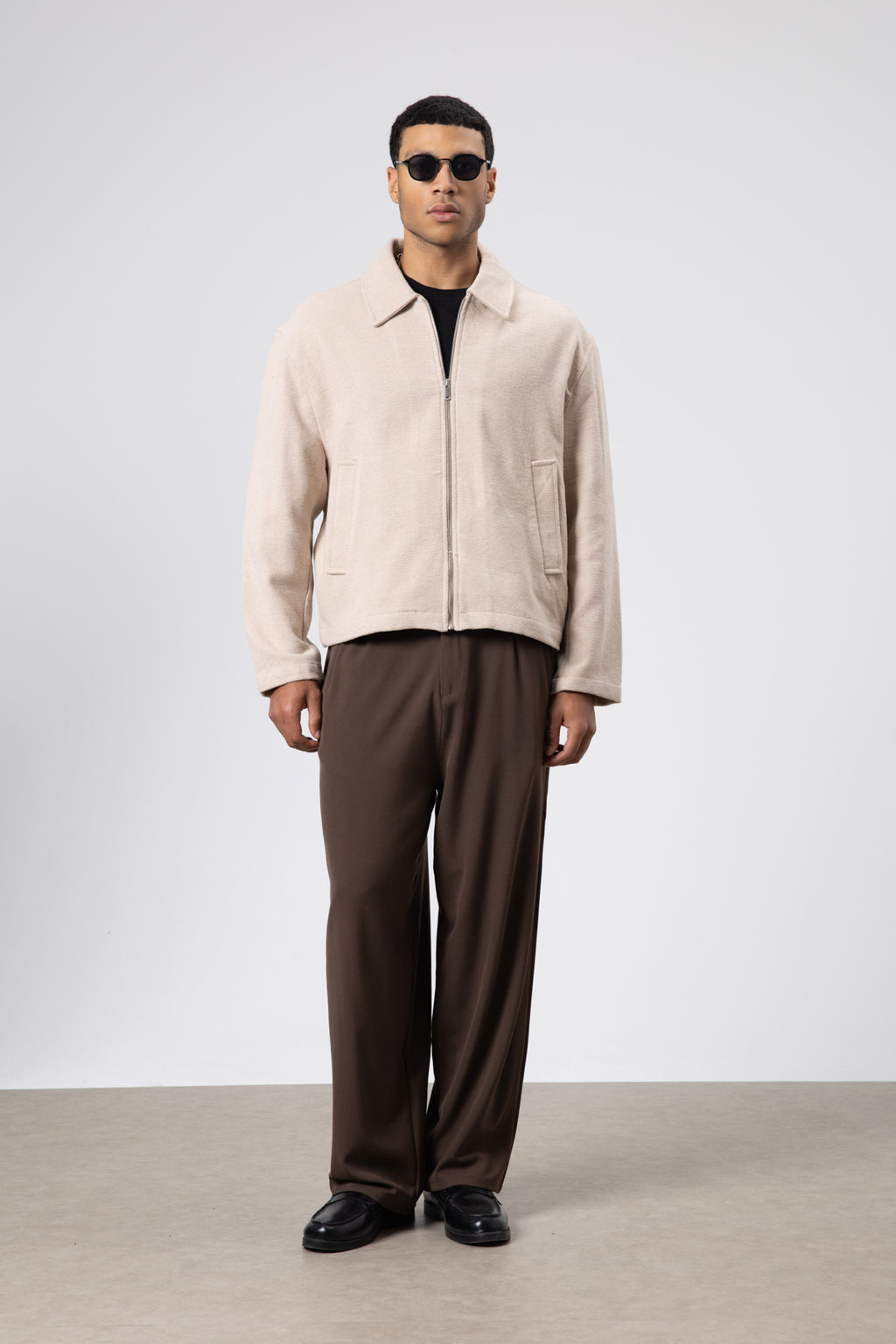 Oversize Fermuarlı Kaşe Ceket Bej