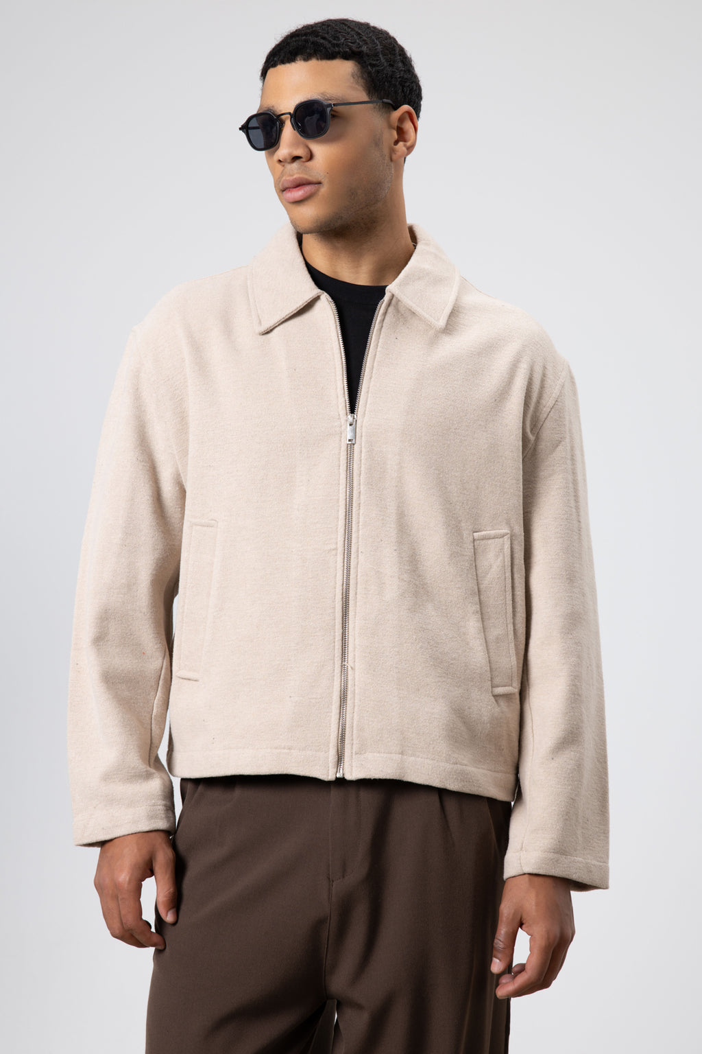 Oversize Fermuarlı Kaşe Ceket Bej