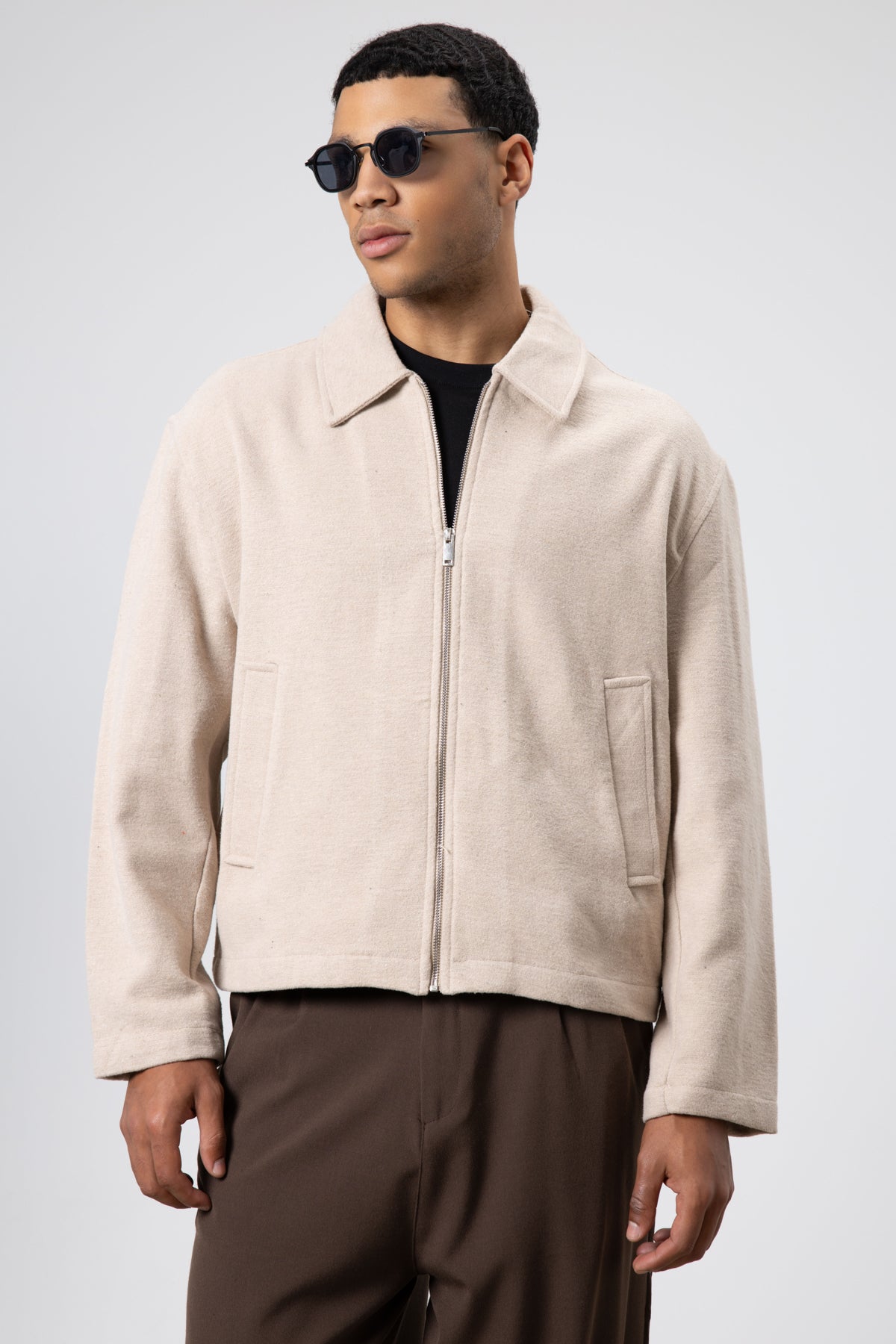 Oversize Fermuarlı Kaşe Ceket Bej
