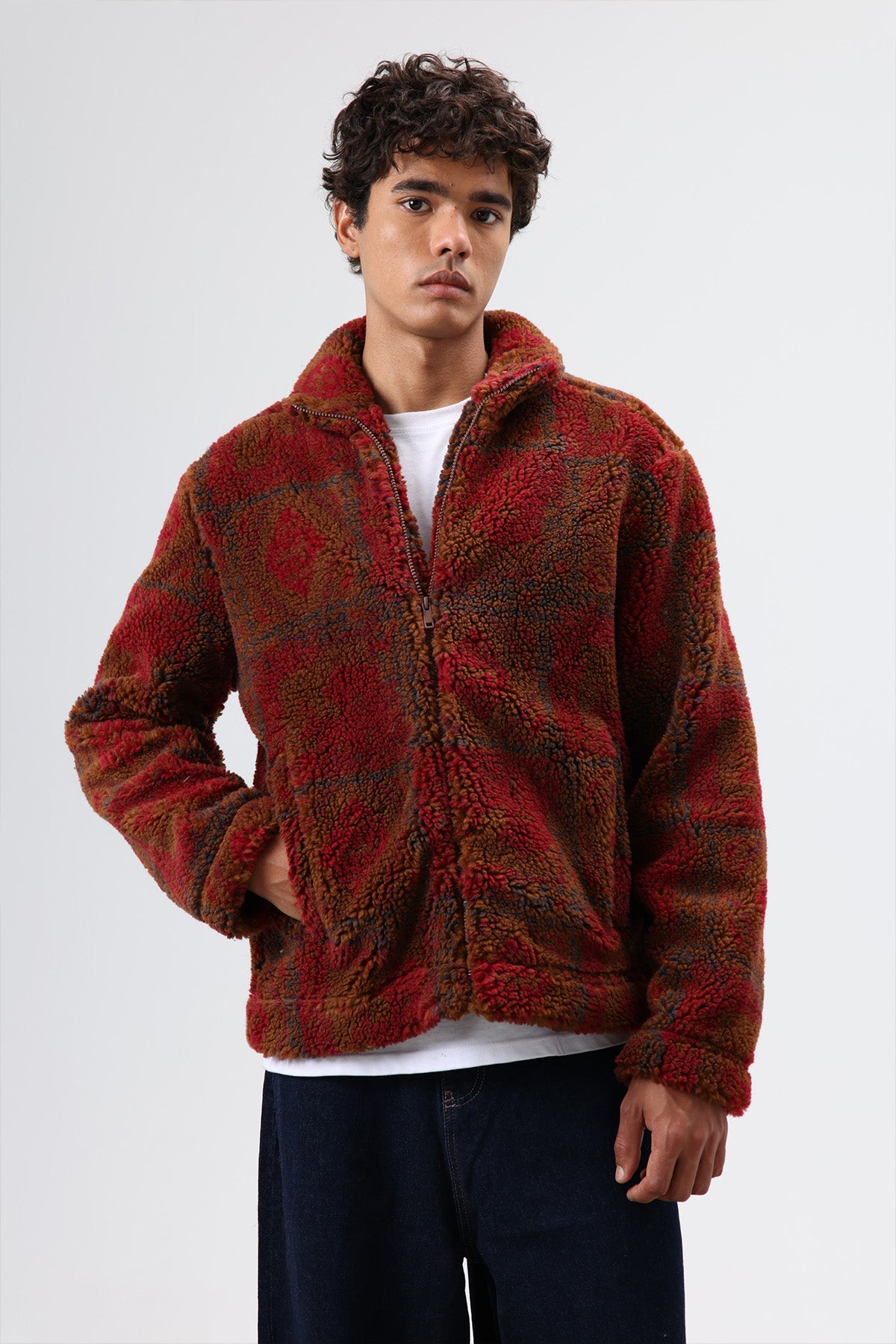 Oversize Peluş Mont Bordo