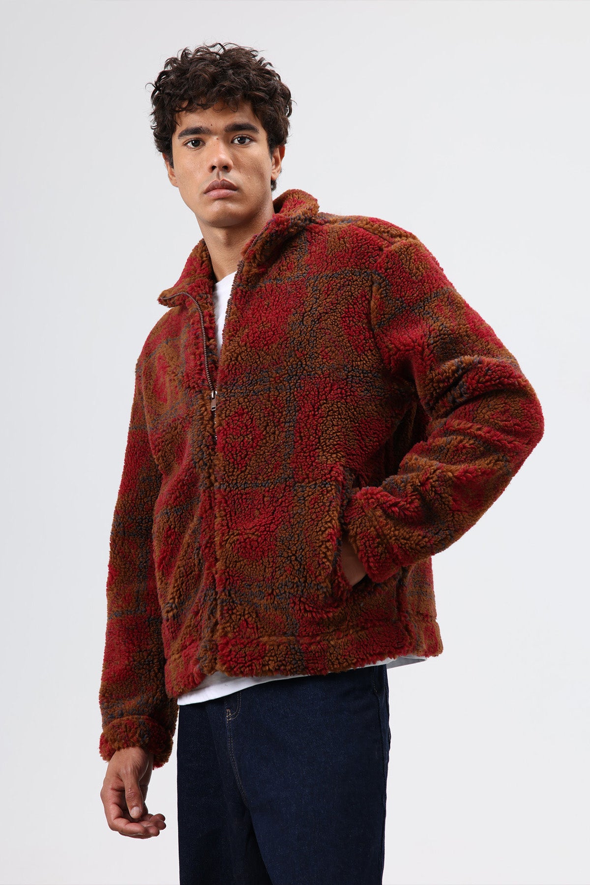 Oversize Peluş Mont Bordo