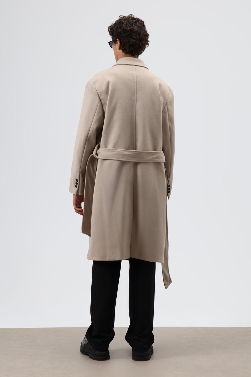 Oversize Kruvaze Kaşe Kaban Bej