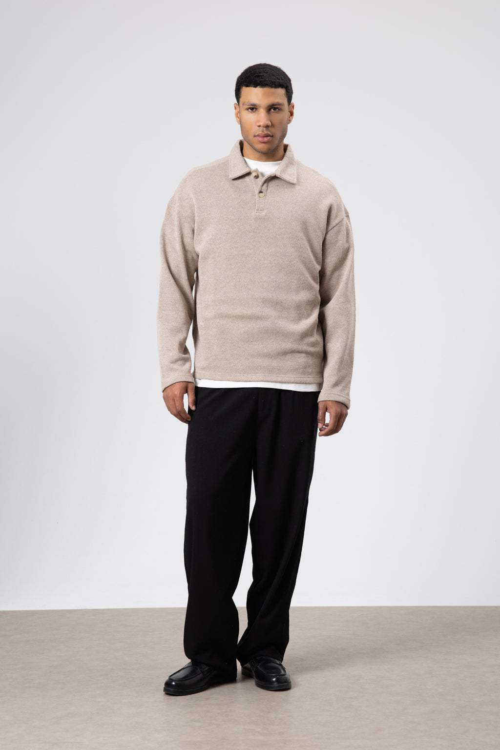 Oversize Polo Yaka Triko Kazak Vizon