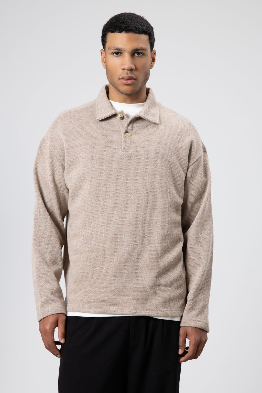 Oversize Polo Yaka Triko Kazak Vizon