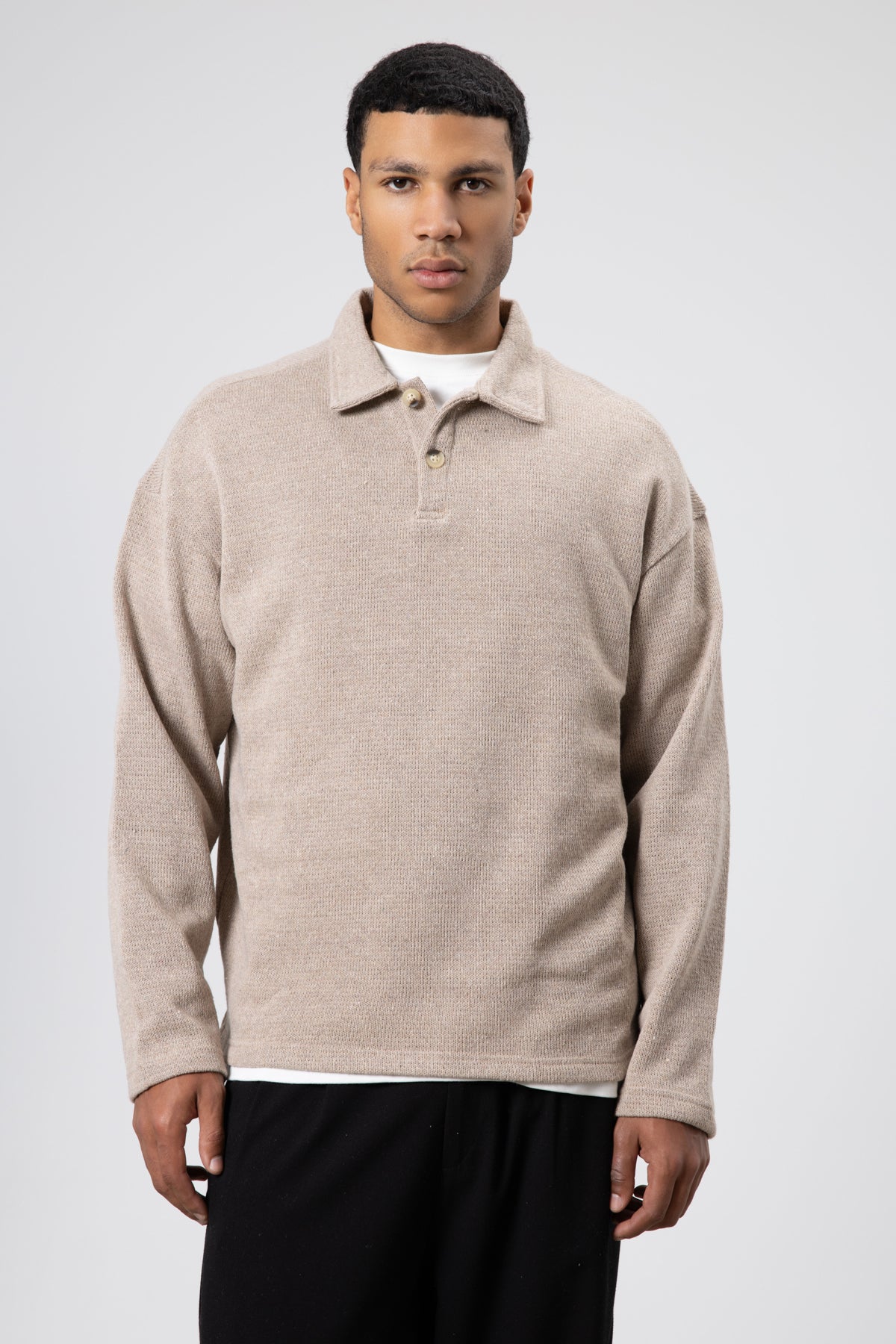 Oversize Polo Yaka Triko Kazak Vizon