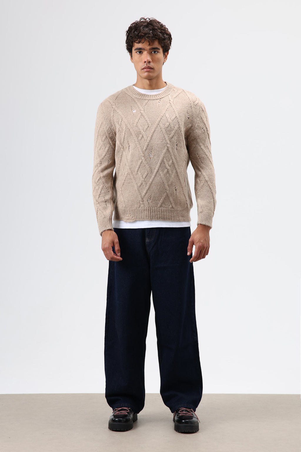 Oversize Desenli Triko Kazak Bej