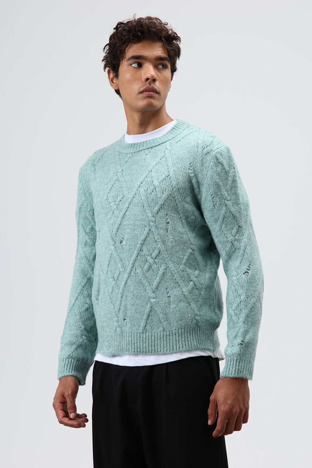 Oversize Desenli Triko Kazak Mint