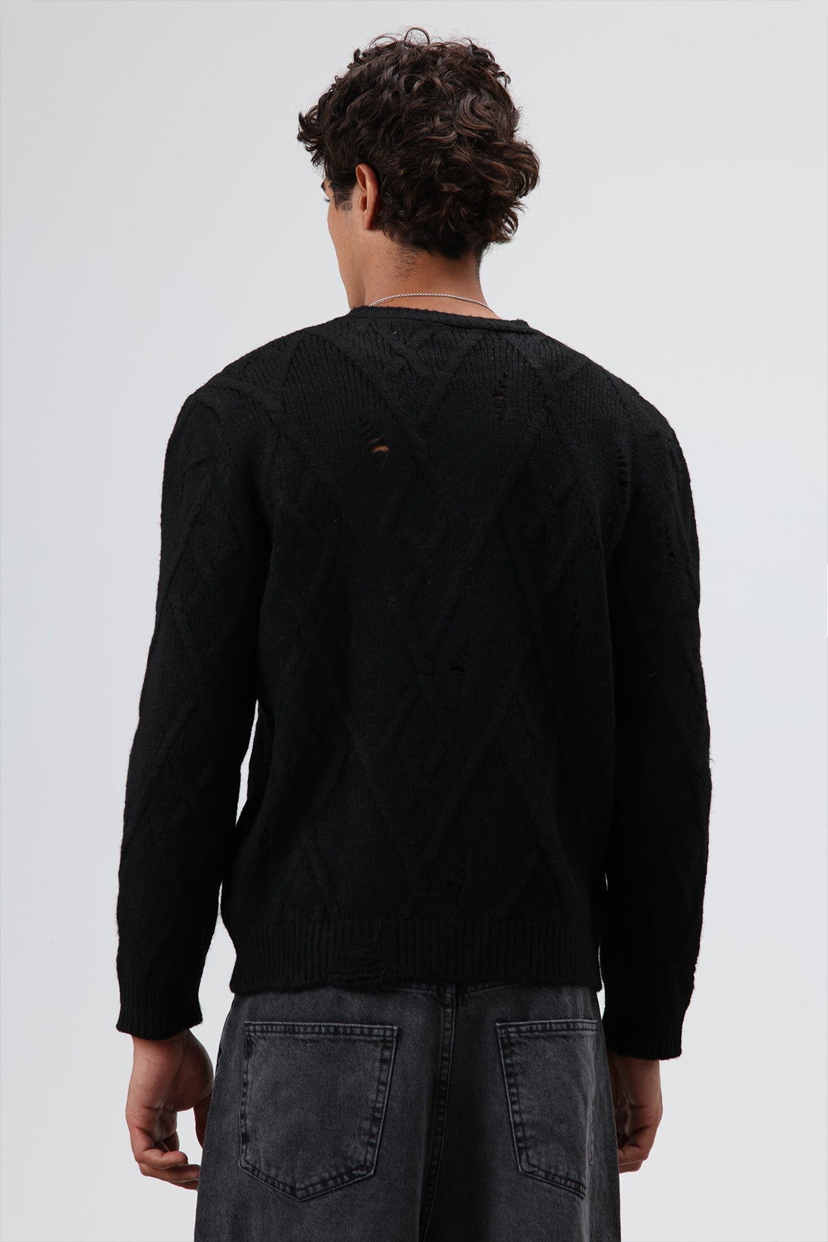 Oversize Desenli Triko Kazak Siyah