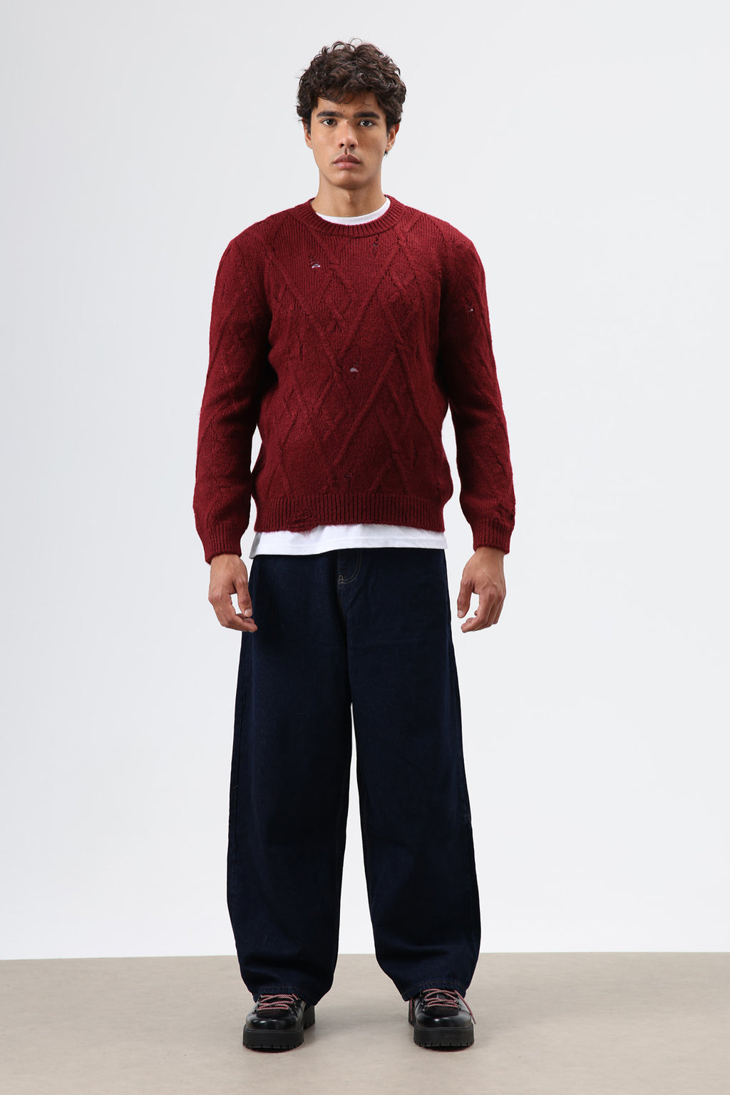Oversize Desenli Triko Kazak Bordo