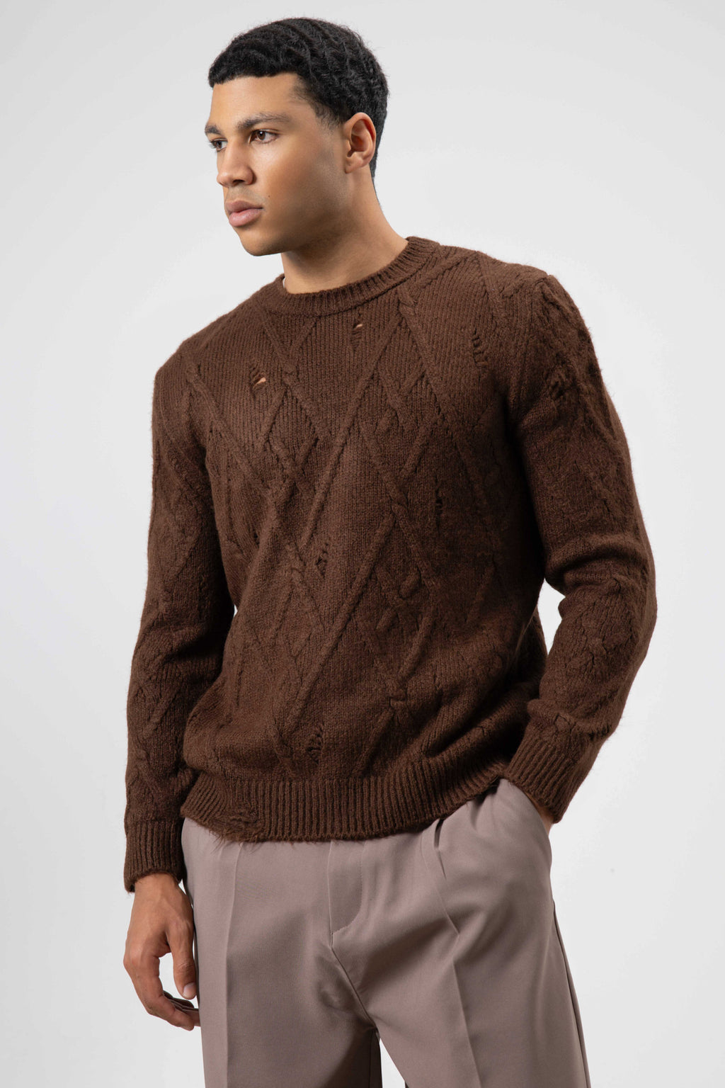 Oversize Desenli Triko Kazak Kahve