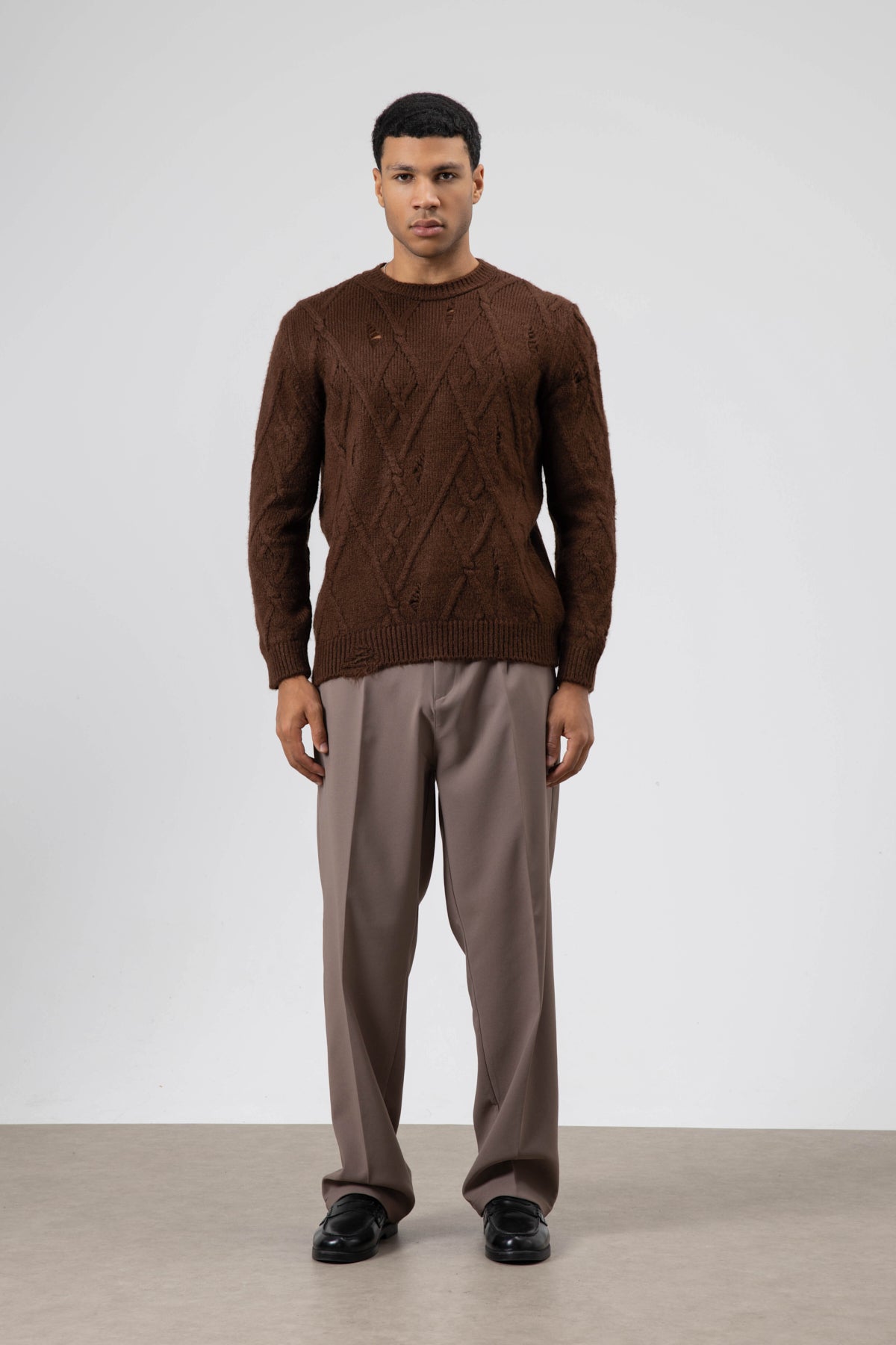 Oversize Desenli Triko Kazak Kahve
