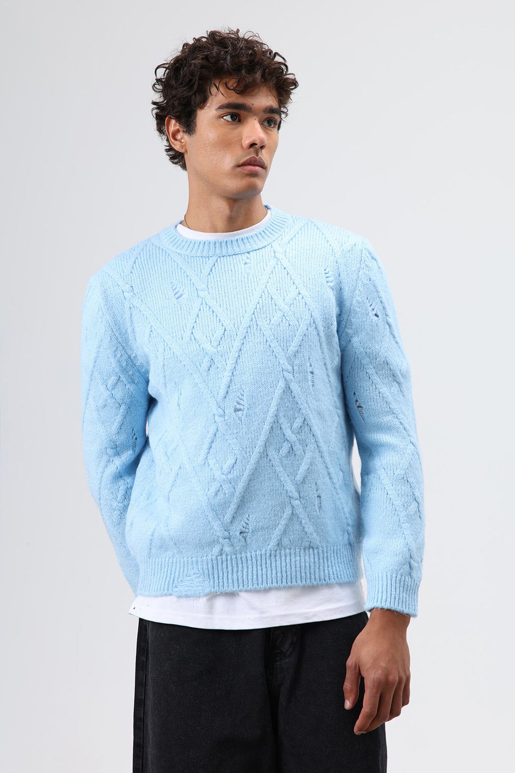 Oversize Desenli Triko Kazak Bebe Mavi
