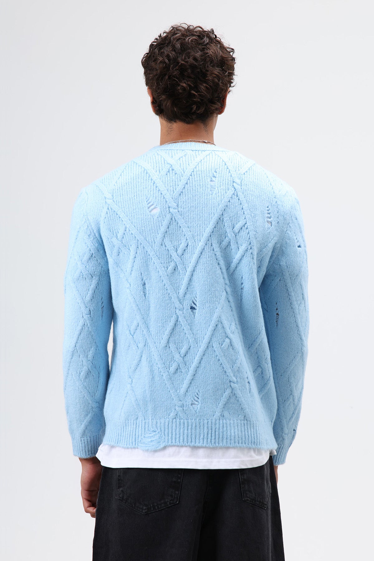 Oversize Desenli Triko Kazak Bebe Mavi