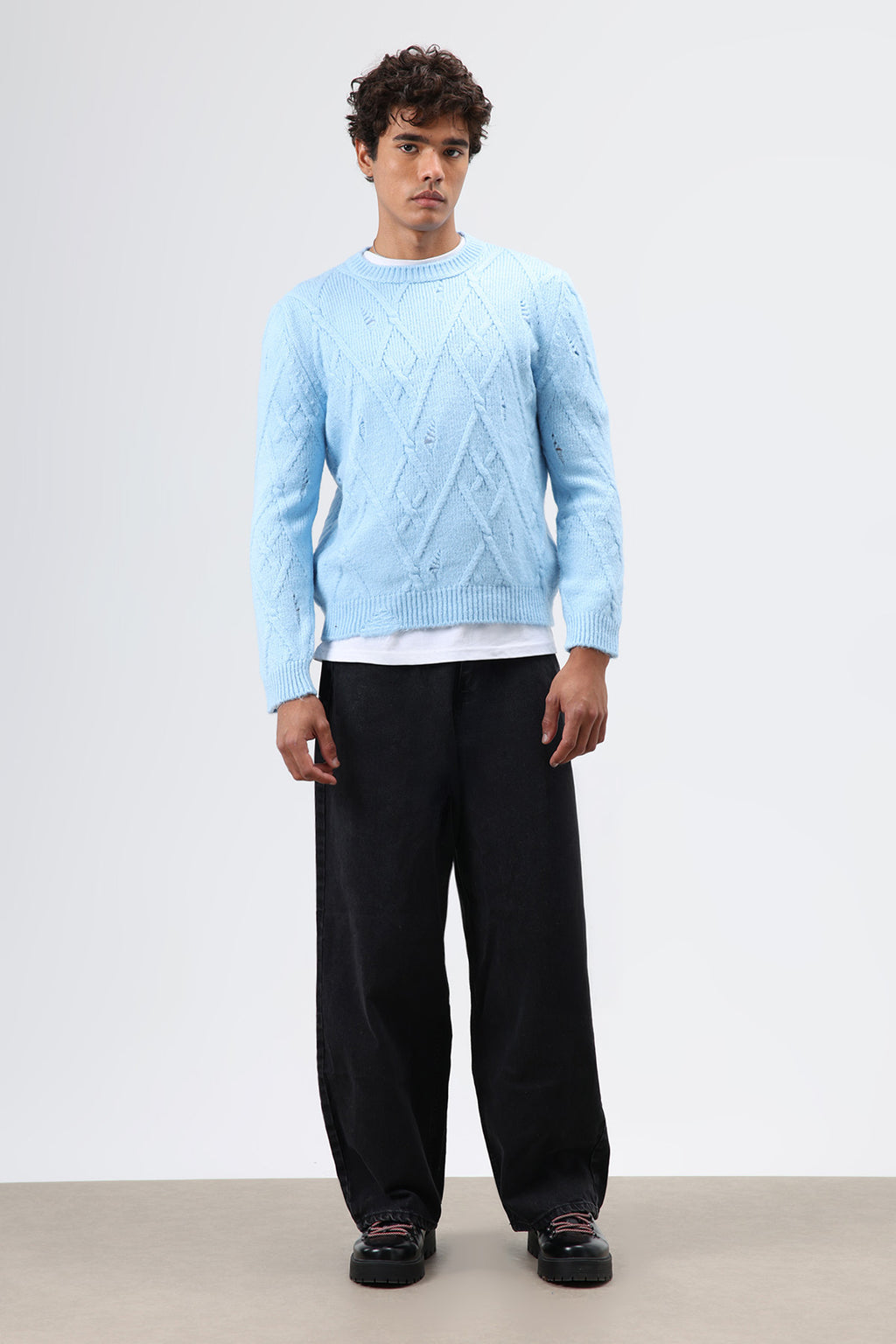 Oversize Desenli Triko Kazak Bebe Mavi