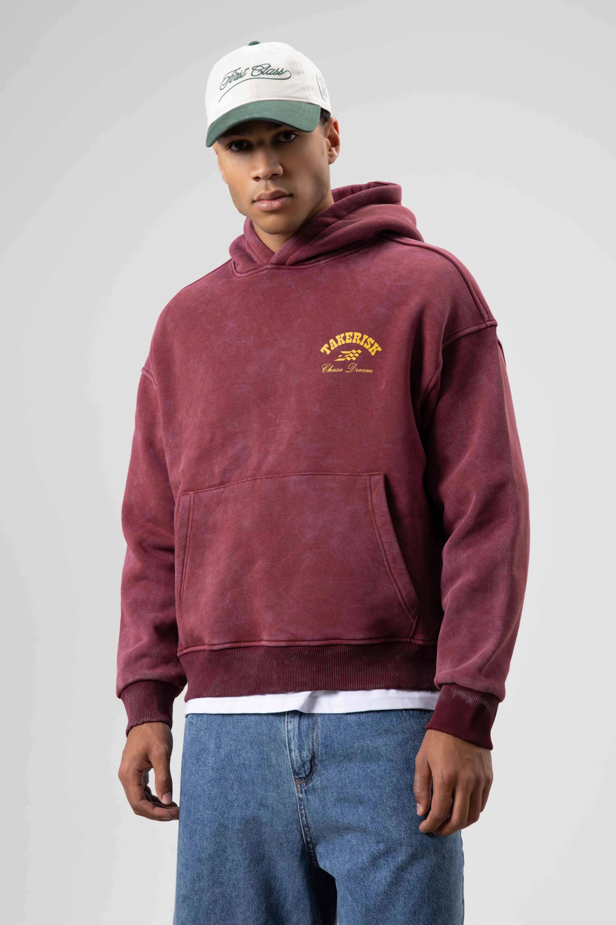 Oversize Yıkamalı Boxy Fit Kapüşonlu Sweatshirt Bordo