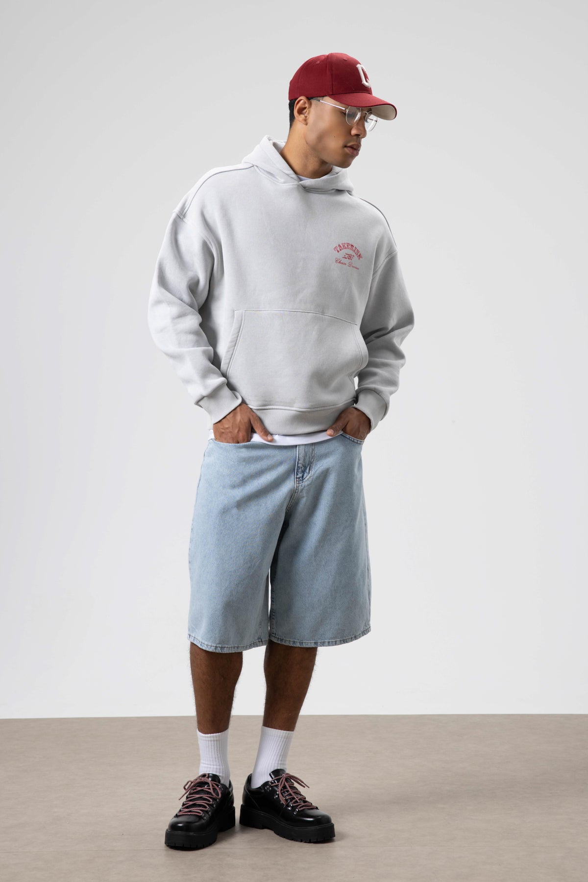 Oversize Yıkamalı Boxy Fit Kapüşonlu Sweatshirt Açık Gri