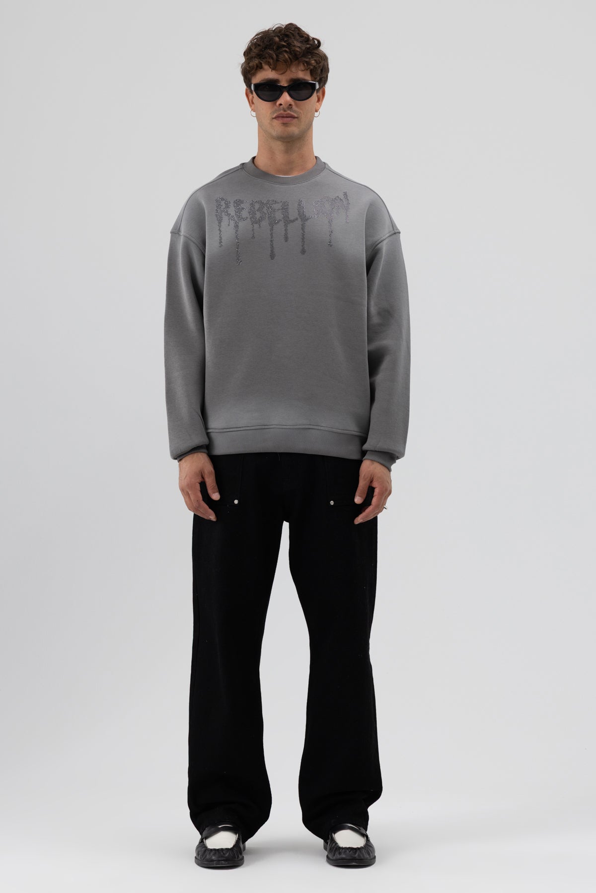 Yıkamalı Oversize Baskılı Sweatshirt Siyah