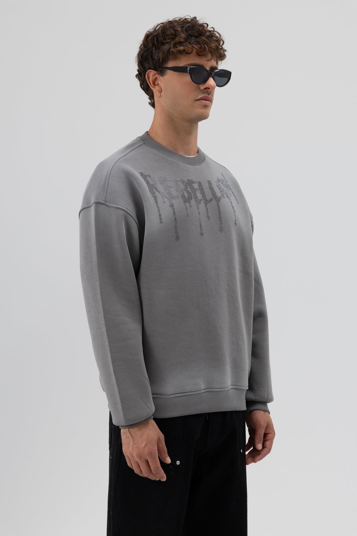 Yıkamalı Oversize Baskılı Sweatshirt Siyah