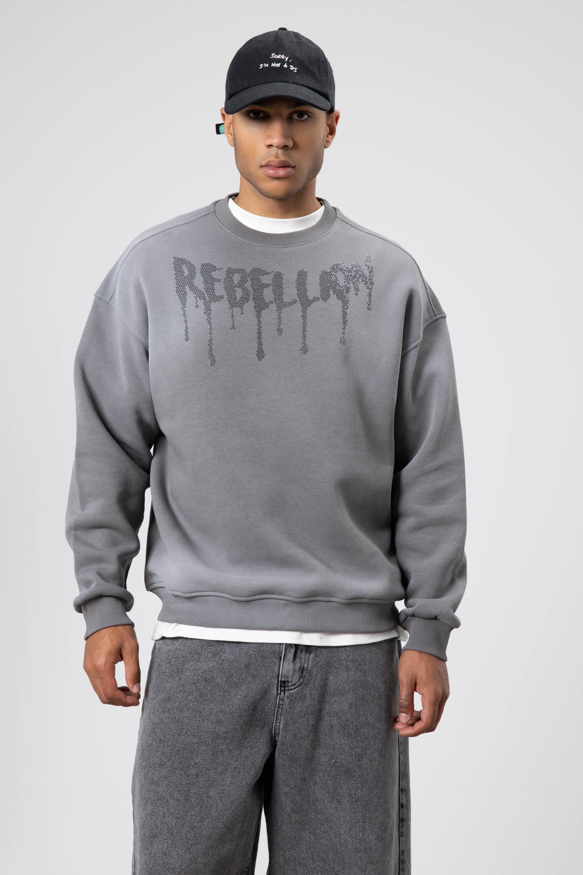 Yıkamalı Oversize Baskılı Sweatshirt Füme