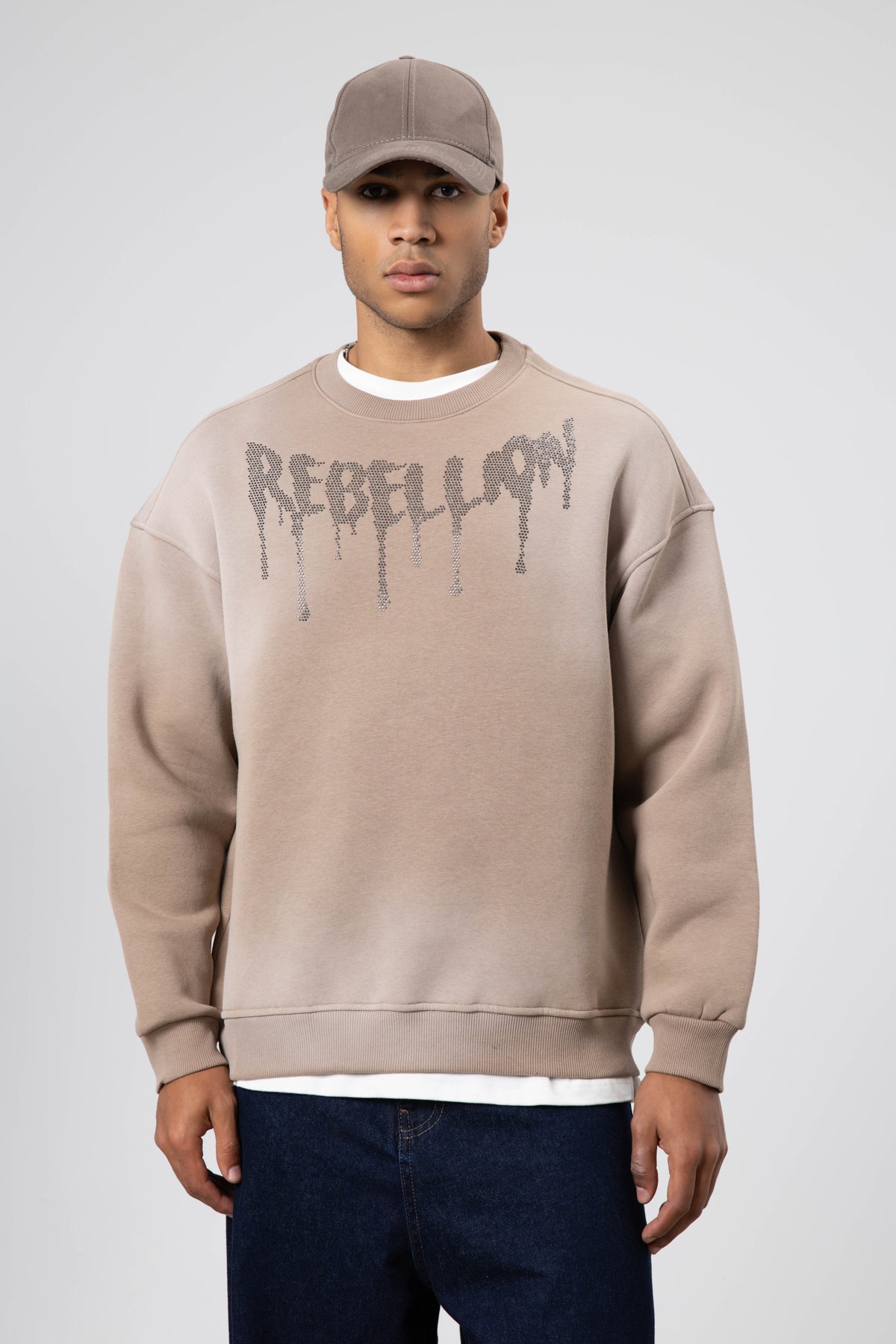 Yıkamalı Oversize Baskılı Sweatshirt Vizon