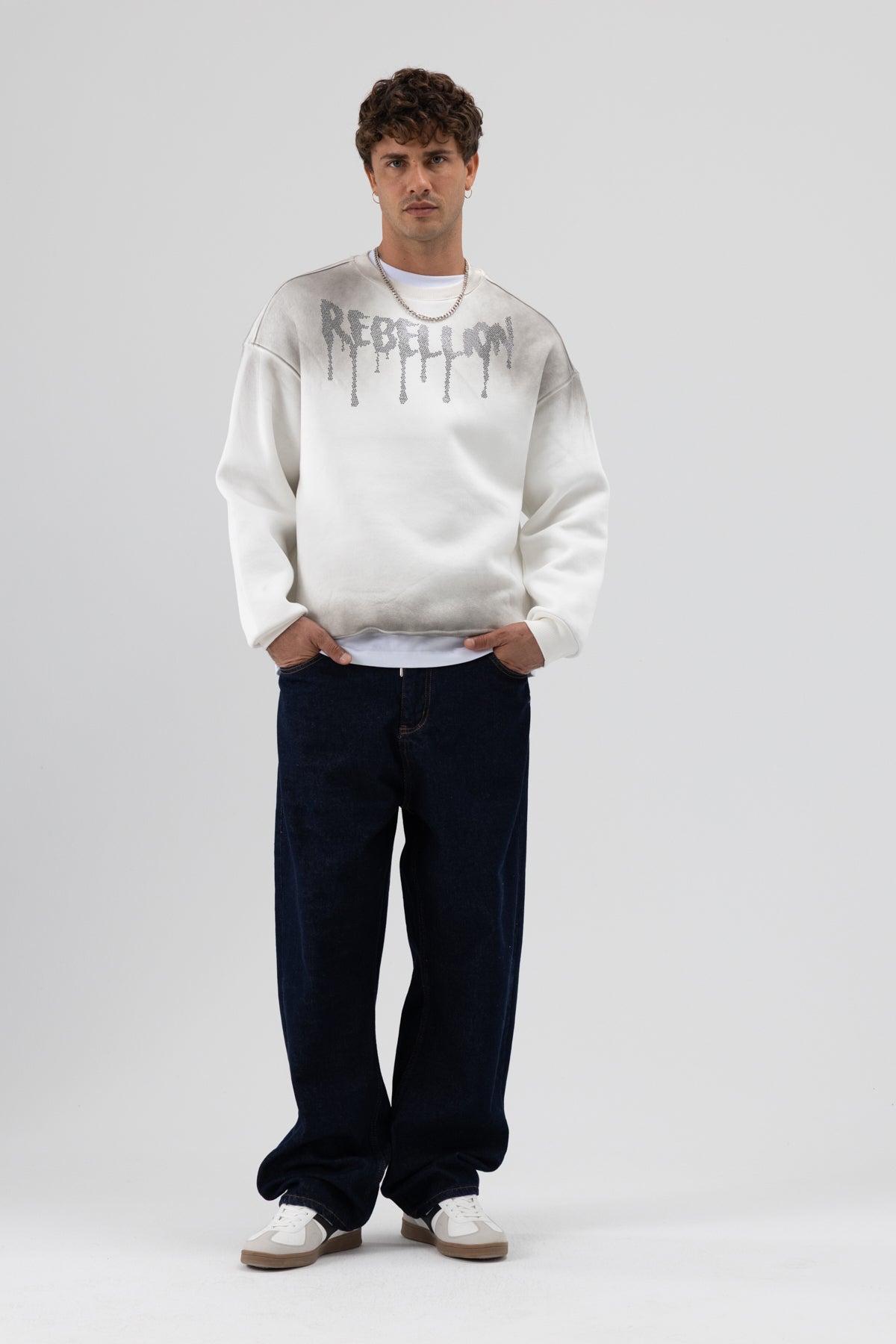 Yıkamalı Oversize Baskılı Sweatshirt Ekru
