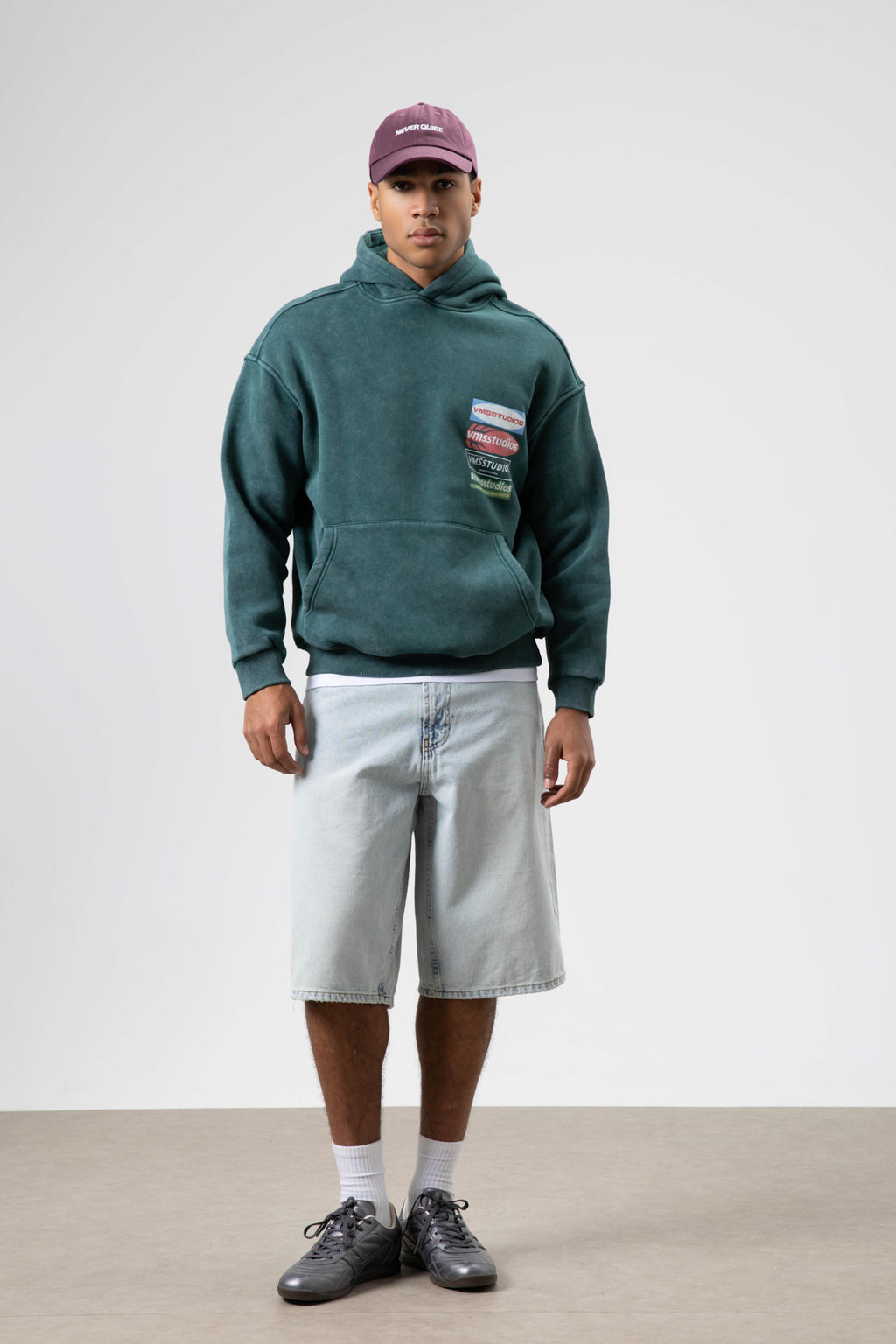 Oversize Yıkamalı Baskılı Kapüşonlu Sweatshirt Nefti