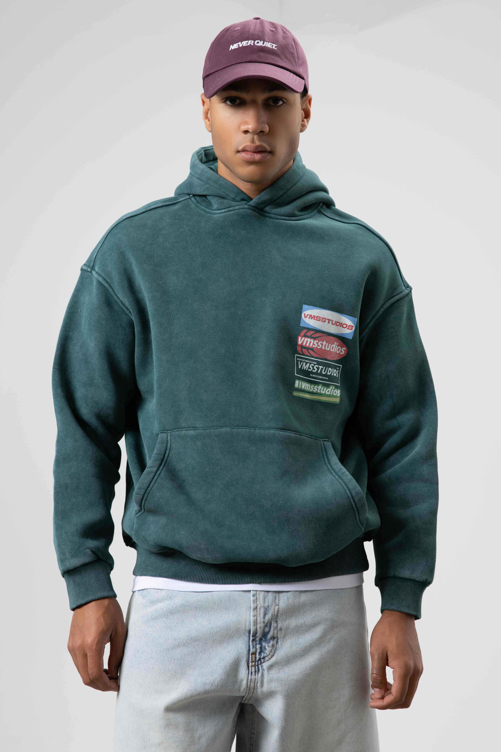 Oversize Yıkamalı Baskılı Kapüşonlu Sweatshirt Nefti