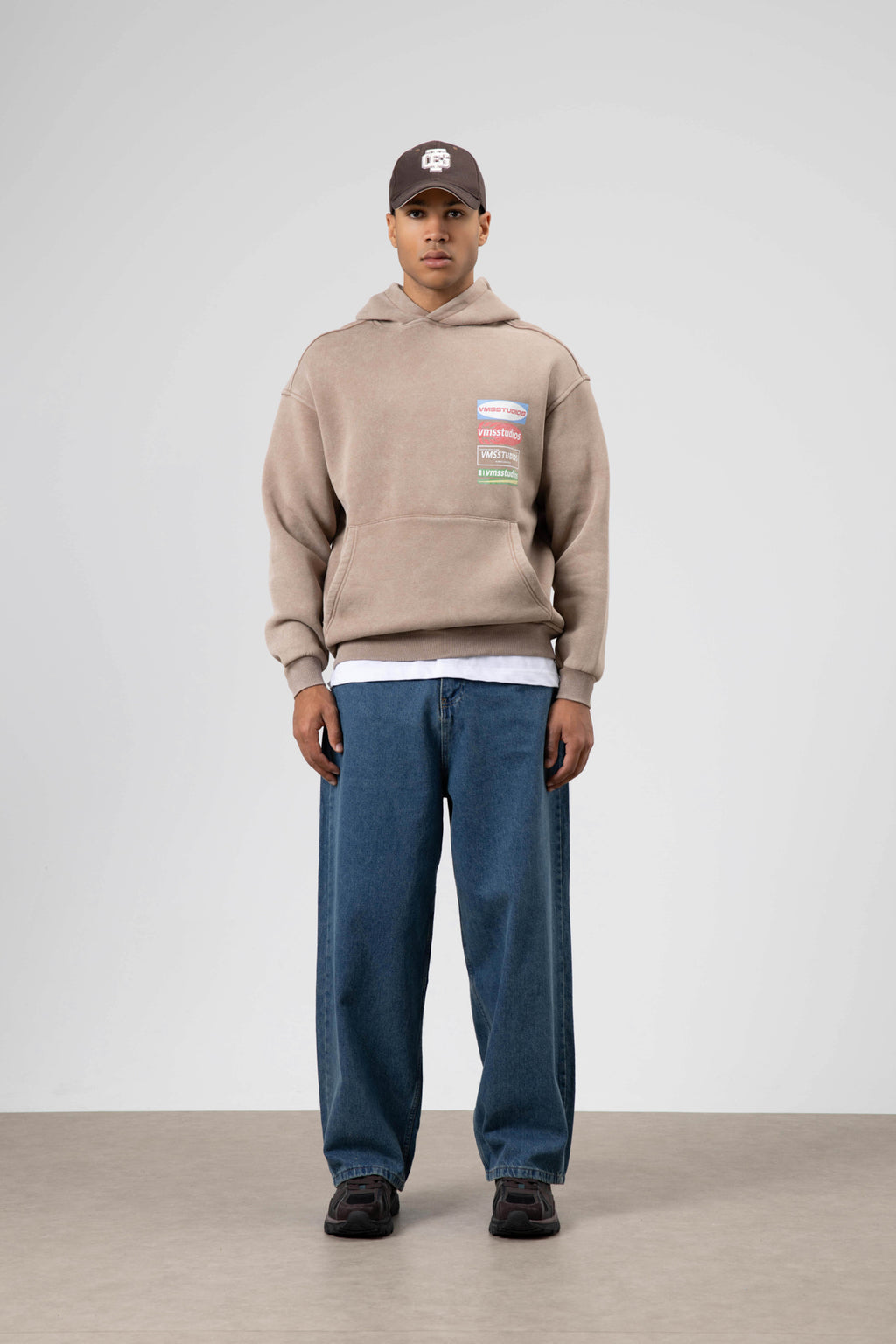 Oversize Yıkamalı Baskılı Kapüşonlu Sweatshirt Vizon