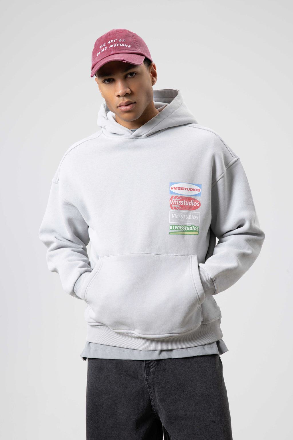 Oversize Yıkamalı Baskılı Kapüşonlu Sweatshirt Açık Gri