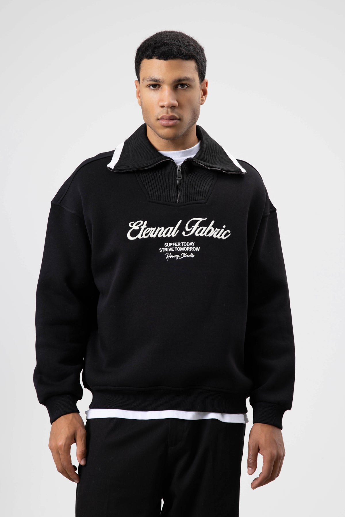 Oversize Fermuarlı Yaka Sweatshirt Siyah