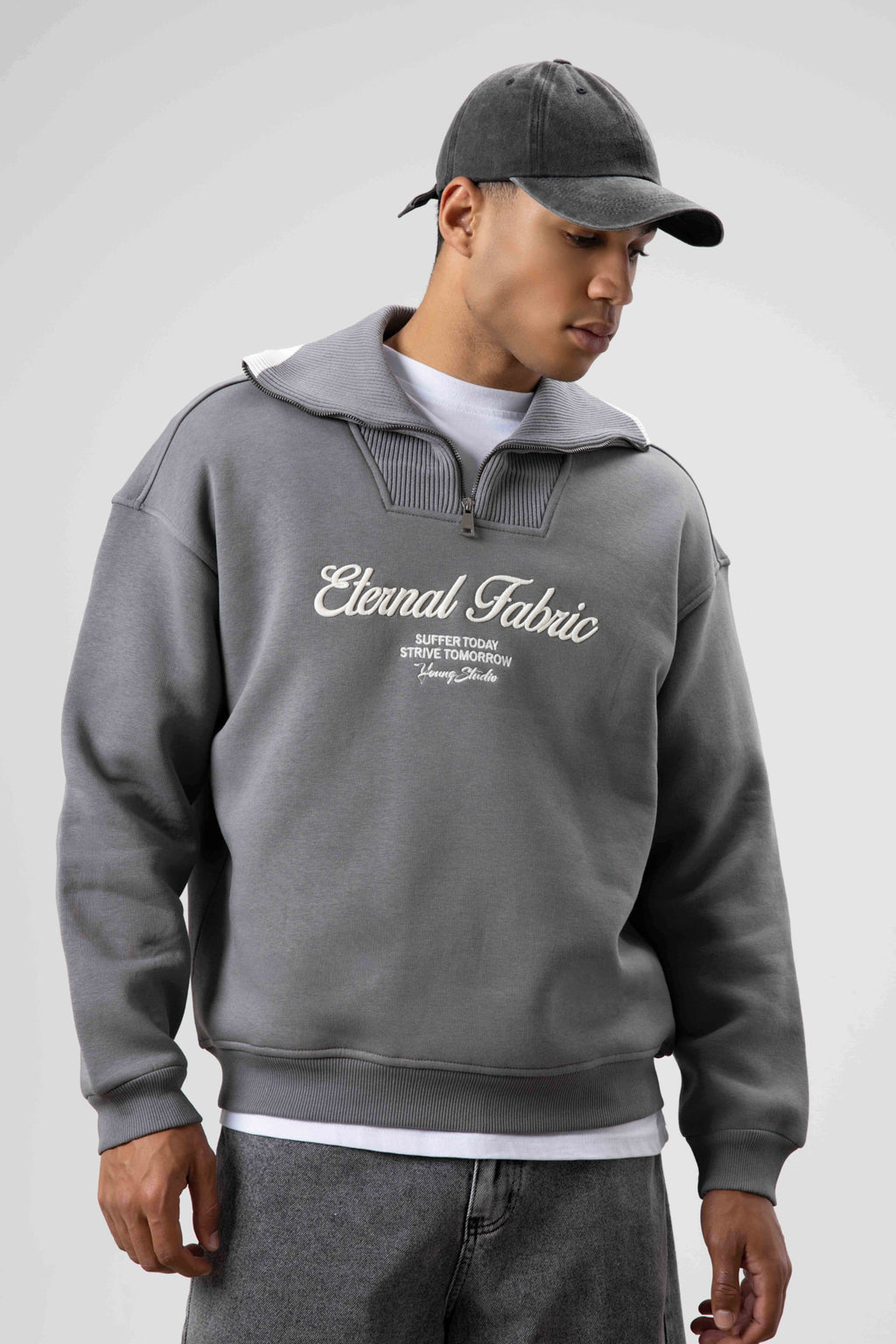 Oversize Fermuarlı Yaka Sweatshirt Füme