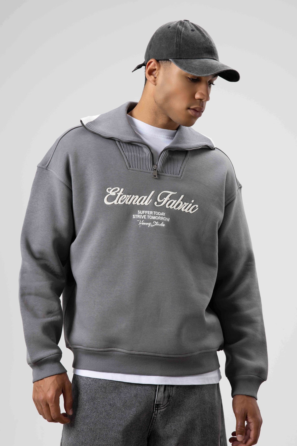 Oversize Fermuarlı Yaka Sweatshirt Füme