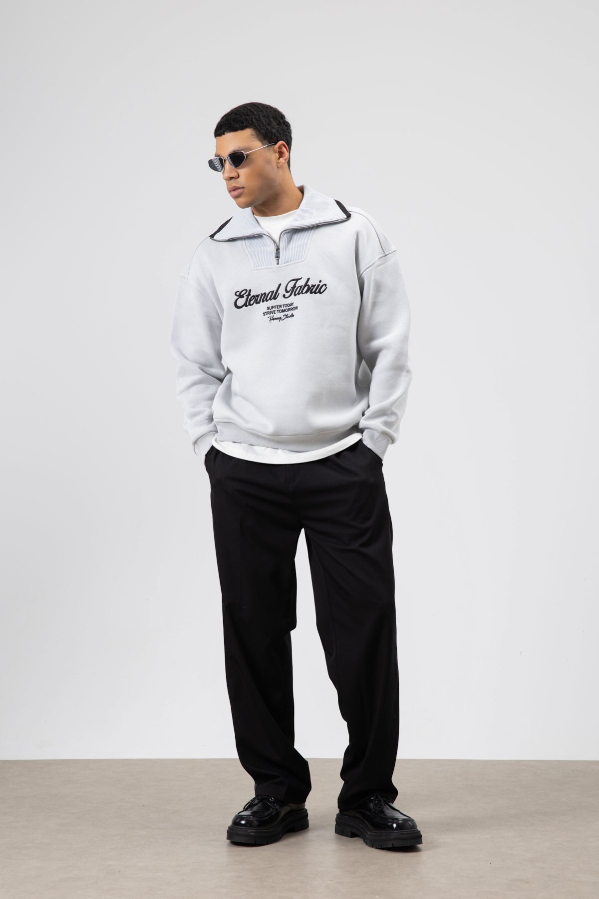Oversize Fermuarlı Yaka Sweatshirt Açık Gri