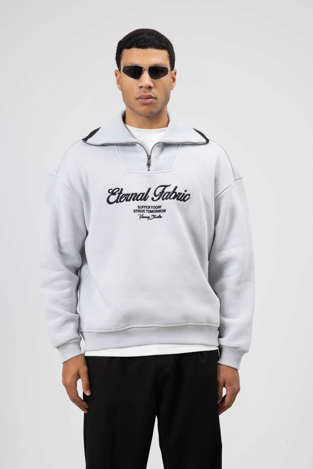 Oversize Fermuarlı Yaka Sweatshirt Açık Gri