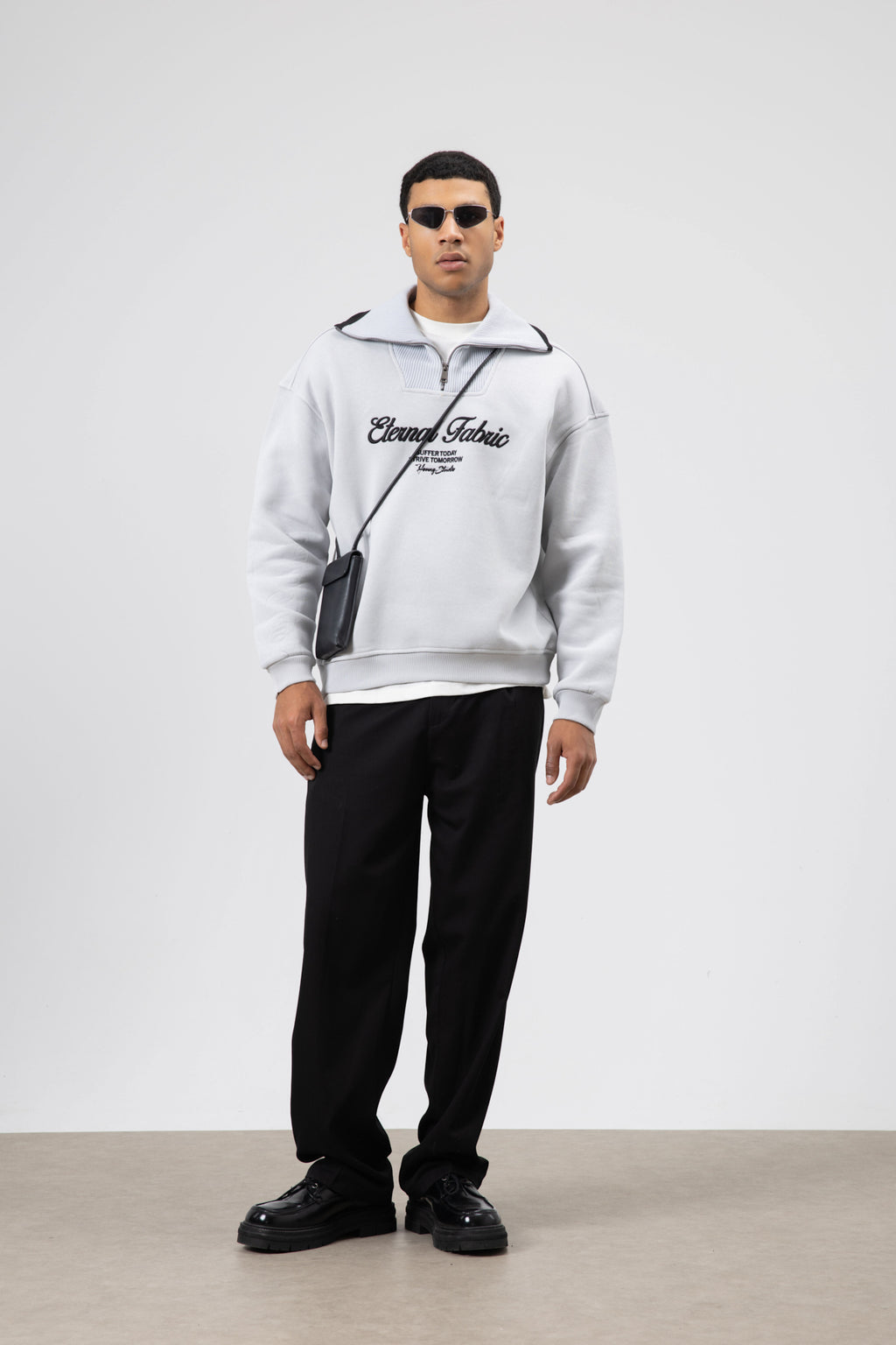 Oversize Fermuarlı Yaka Sweatshirt Açık Gri