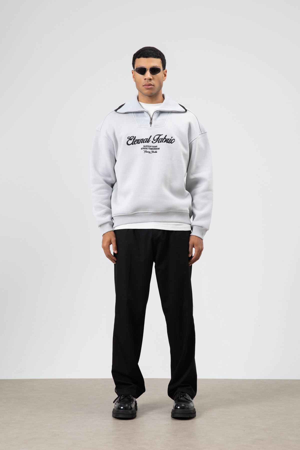Oversize Fermuarlı Yaka Sweatshirt Açık Gri