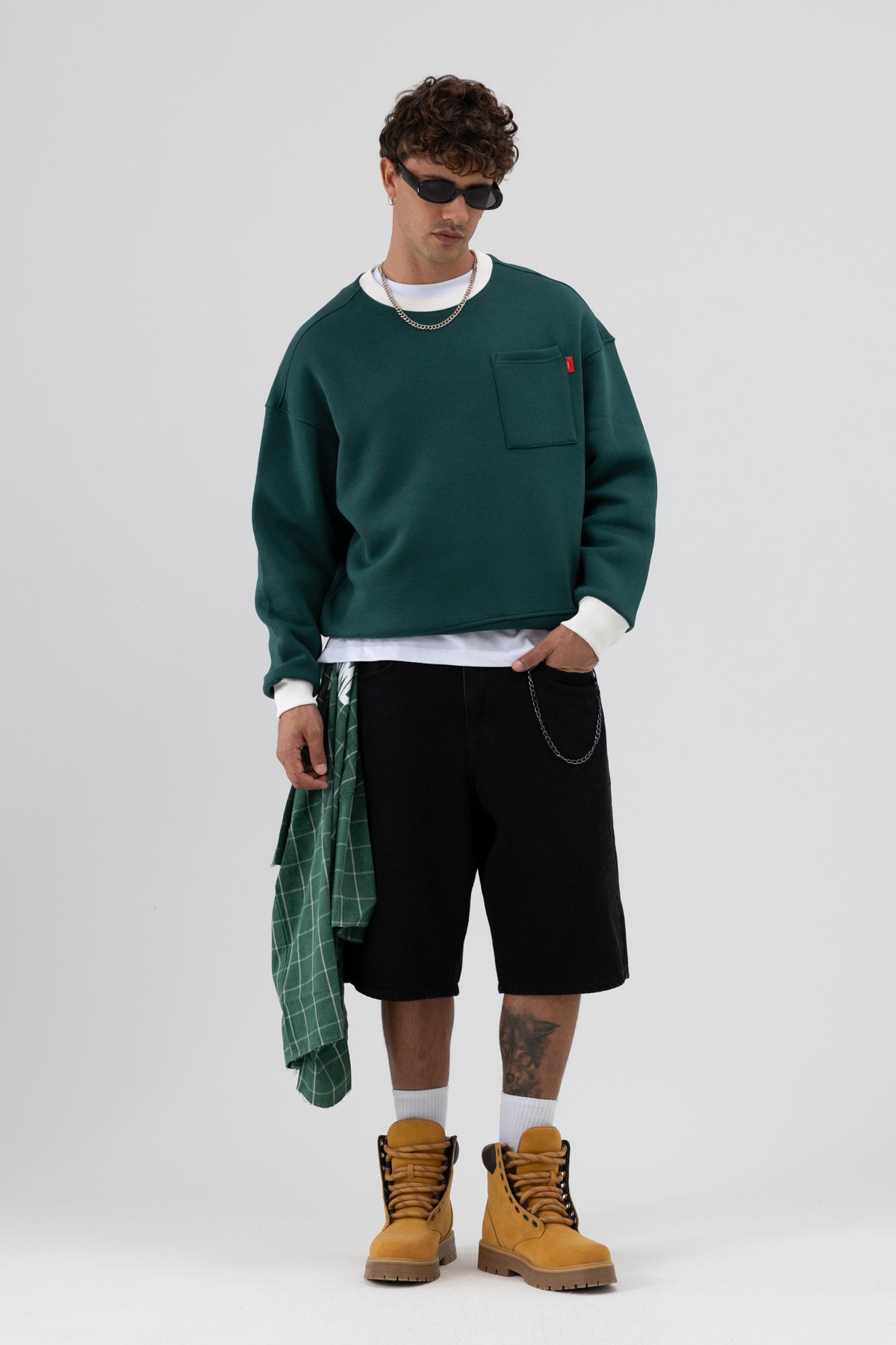 Bisiklet Yaka Cep Detaylı Oversize Sweatshirt Nefti