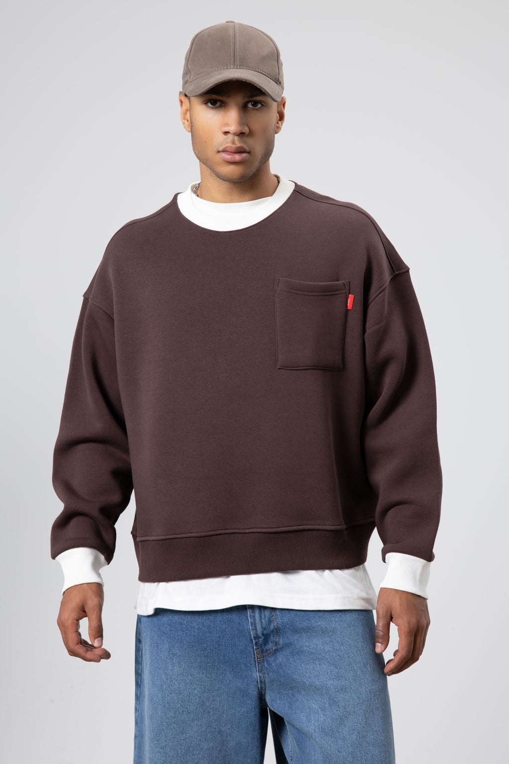 Bisiklet Yaka Cep Detaylı Oversize Sweatshirt Kahve