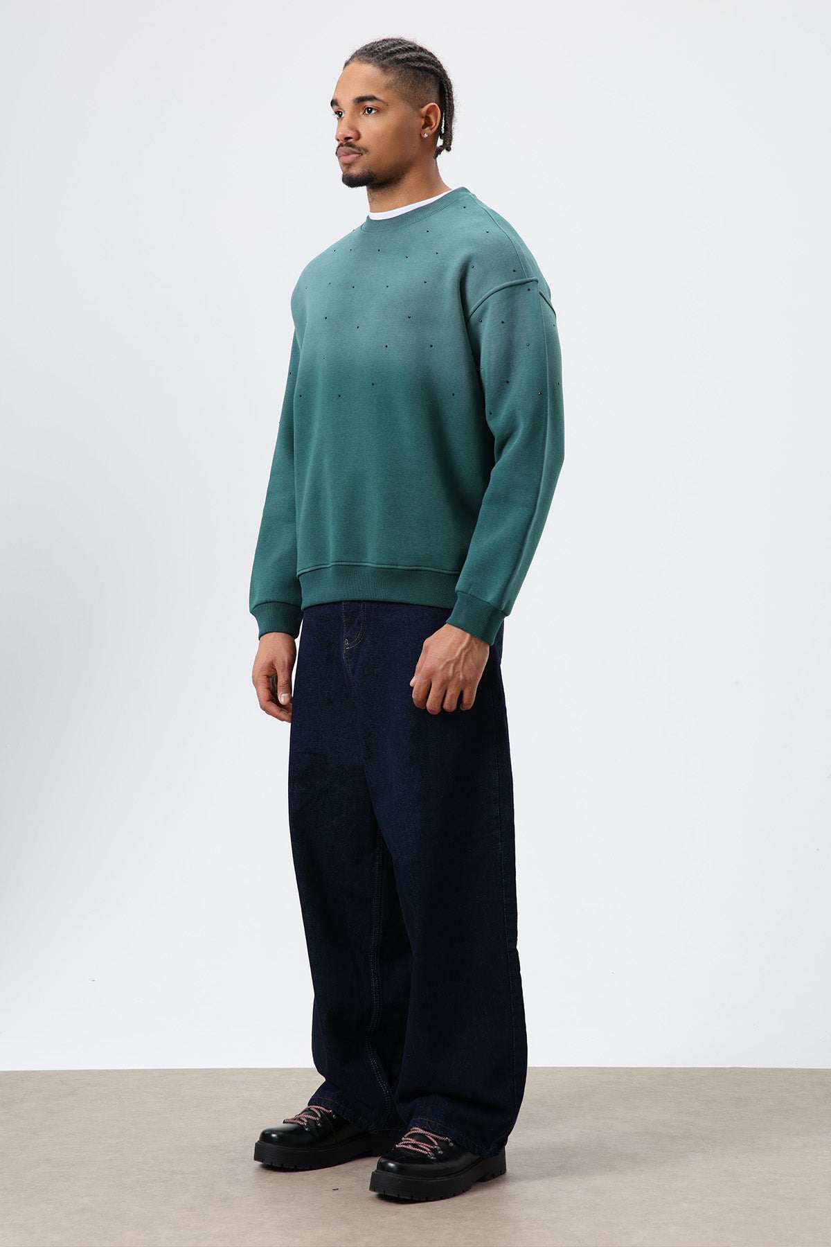 Yıkamalı Taş Detaylı Oversize Sweatshirt Nefti
