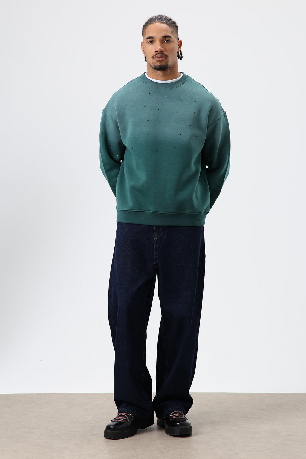 Yıkamalı Taş Detaylı Oversize Sweatshirt Nefti