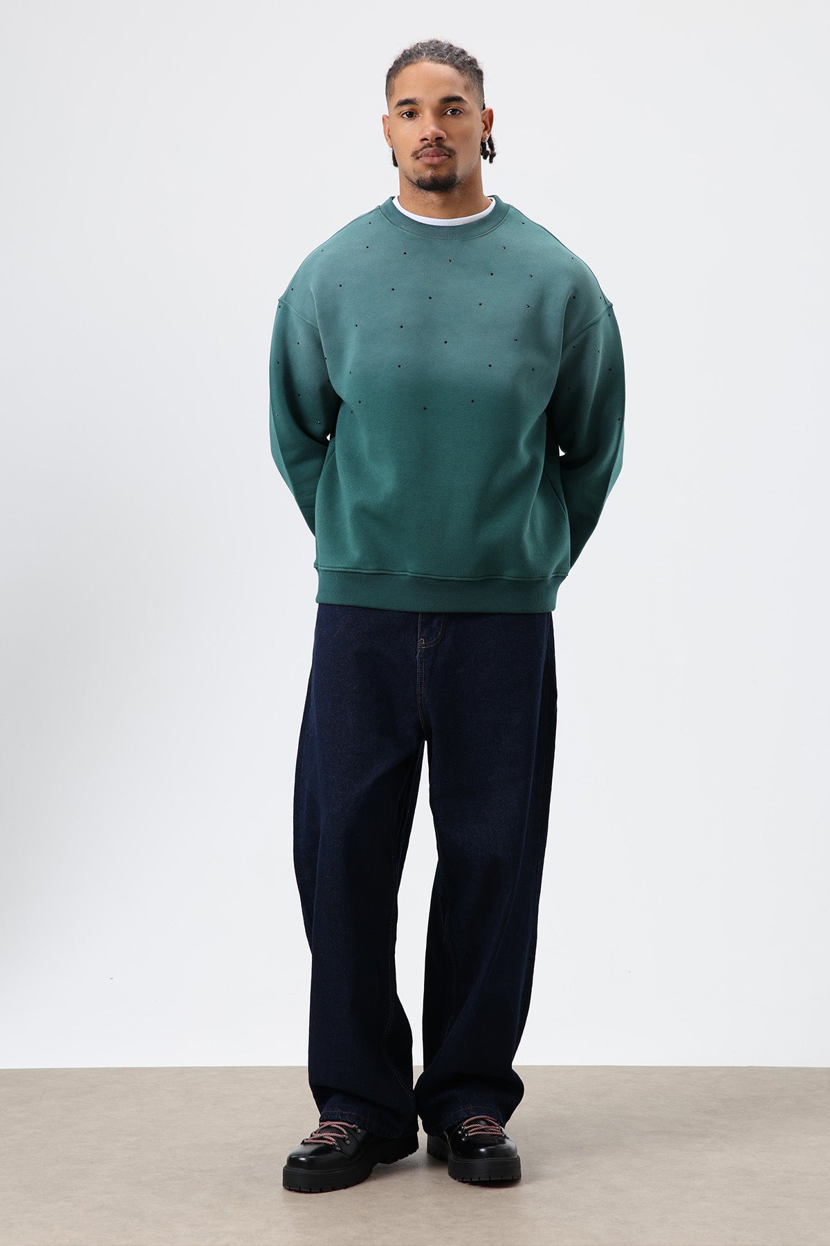 Yıkamalı Taş Detaylı Oversize Sweatshirt Nefti