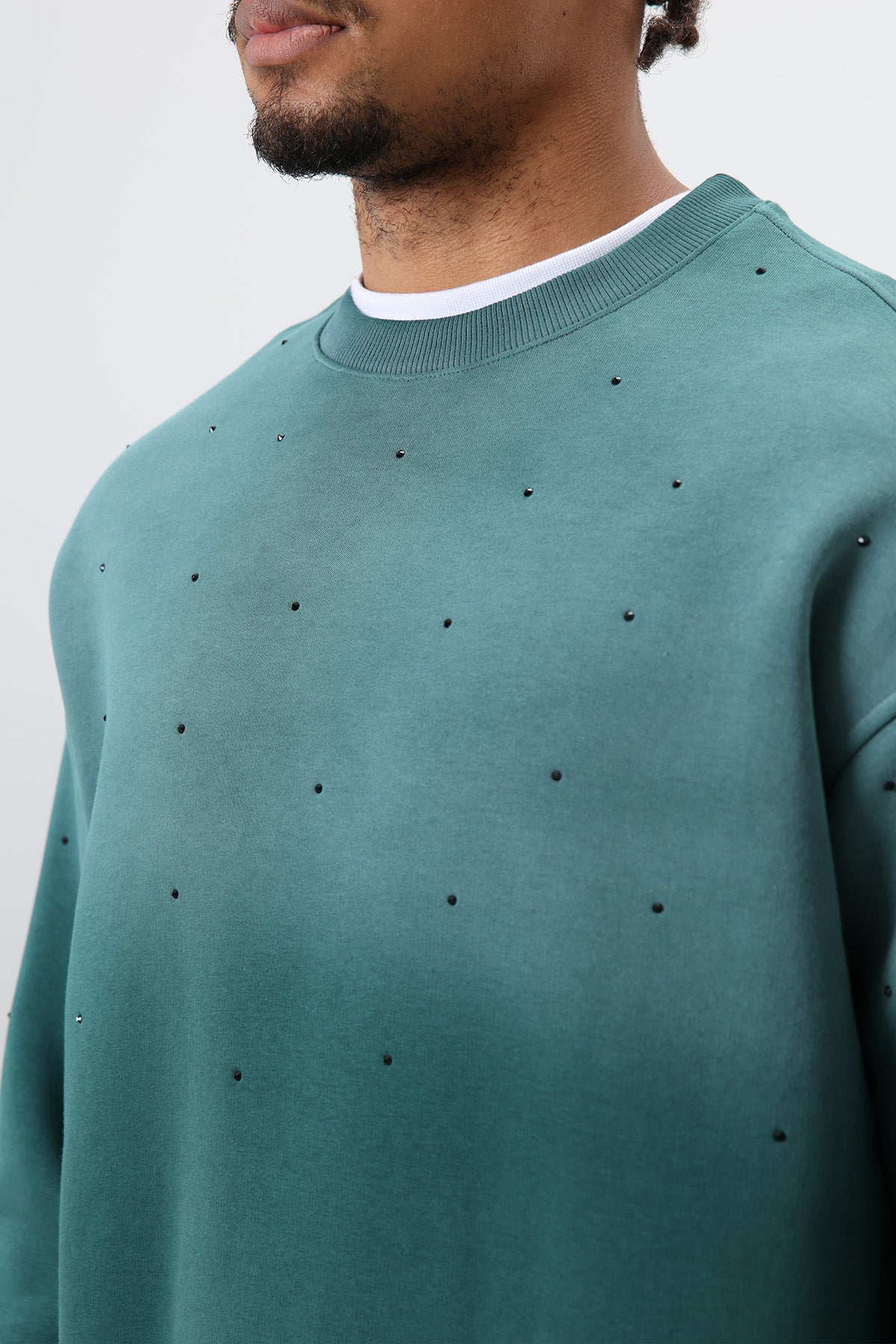 Yıkamalı Taş Detaylı Oversize Sweatshirt Nefti
