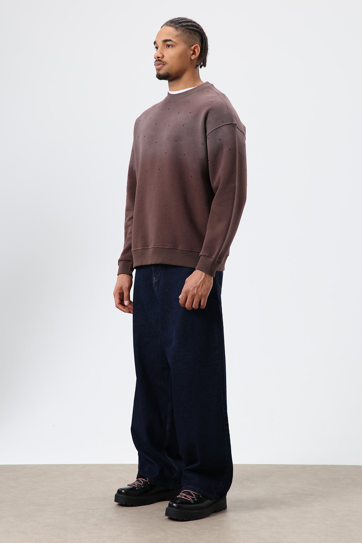 Yıkamalı Taş Detaylı Oversize Sweatshirt Kahve