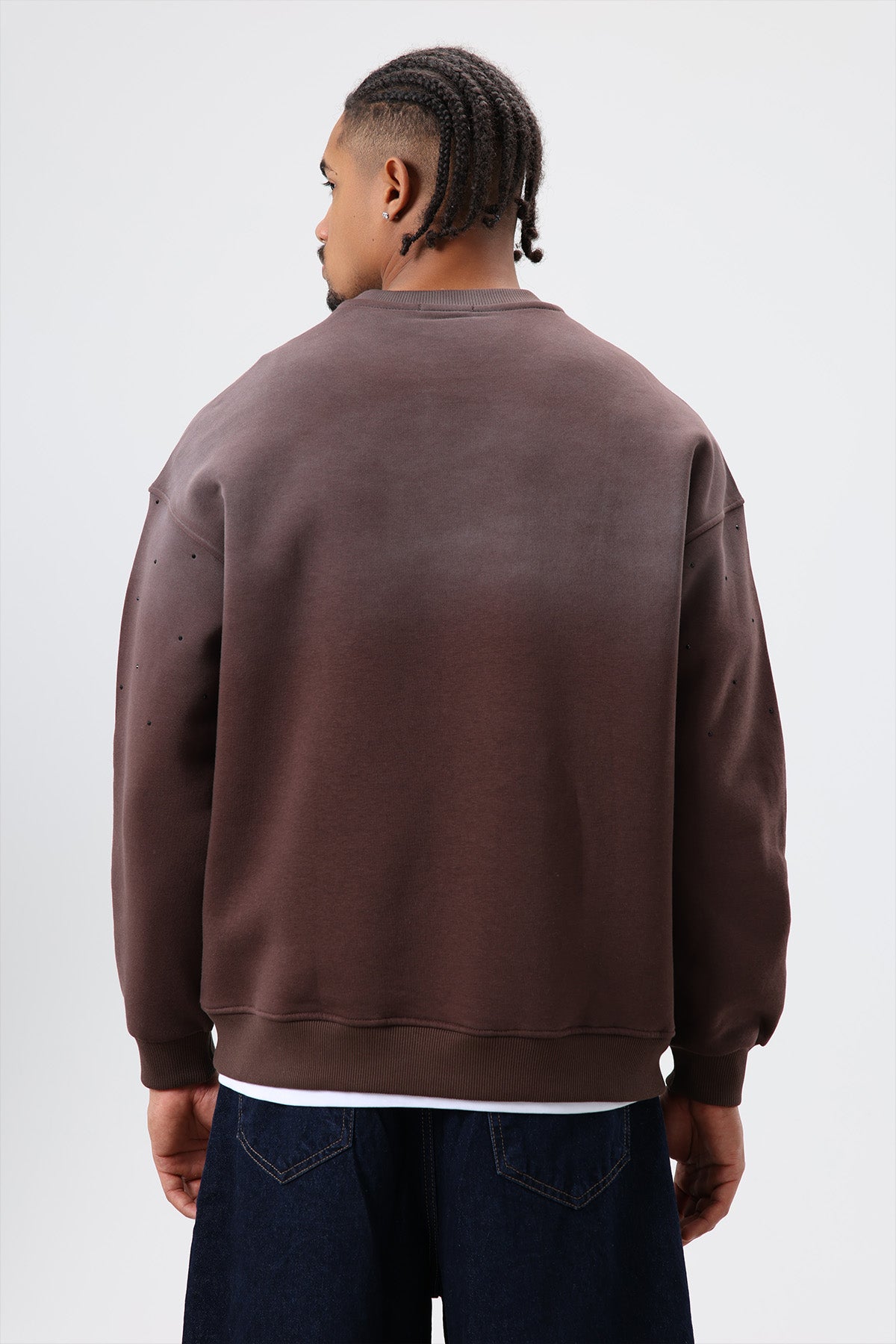 Yıkamalı Taş Detaylı Oversize Sweatshirt Kahve