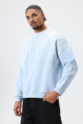 Yıkamalı Taş Detaylı Oversize Sweatshirt Bebe Mavi